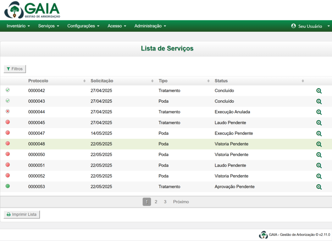 Lista de serviços do GAIA Arboriza com protocolo, data, tipo e status de cada pedido